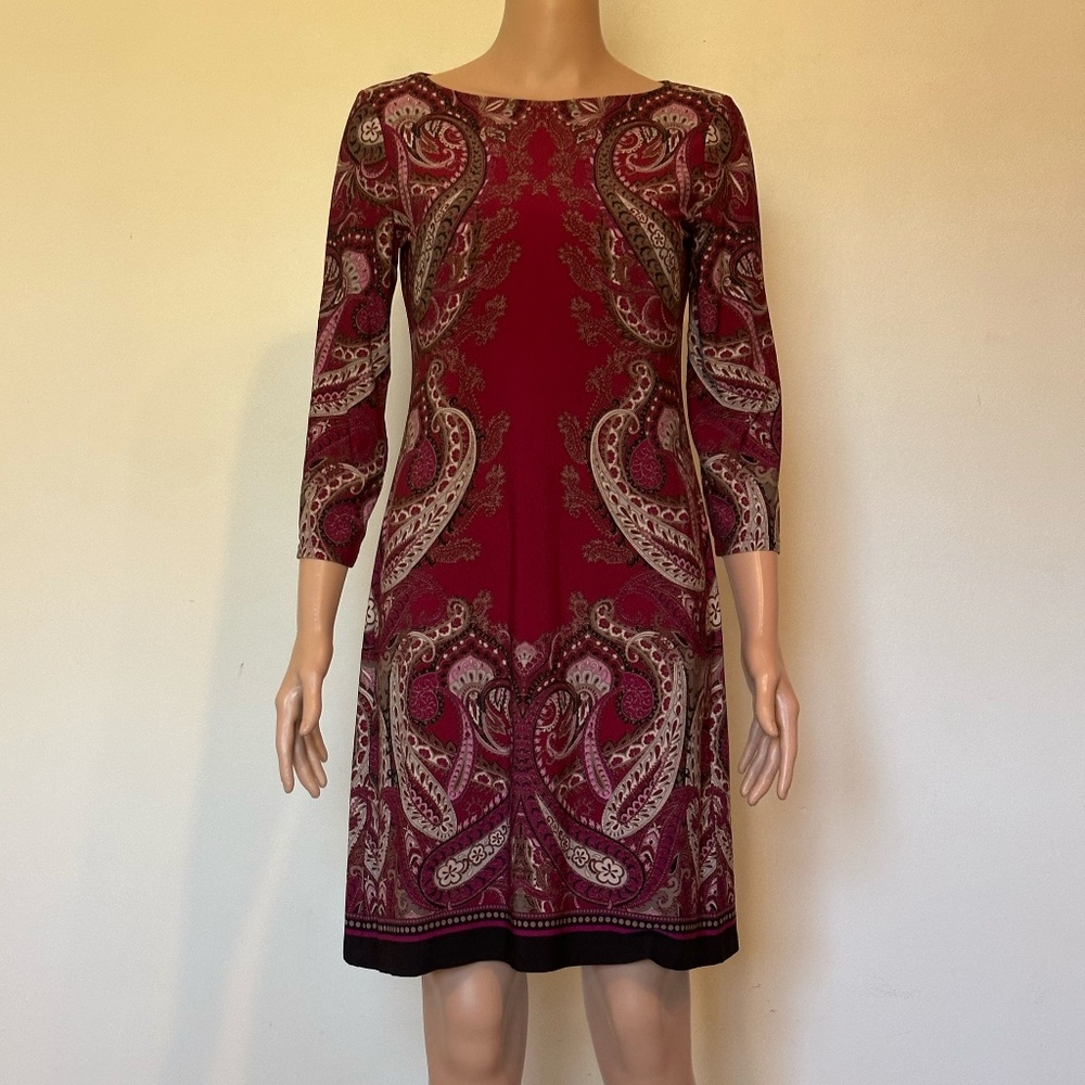 LOFT Paisley Shift Dress Burgundy Pink Size 4 | 3/4 Sleeve - Picture 1 of 8